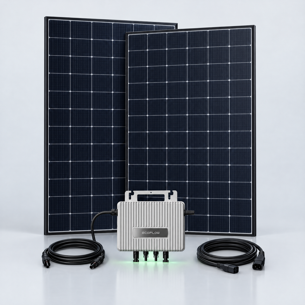 Bundle illustration: two JA Solar 470W panels, one EcoFlow STREAM microinverter, PV and AC cables